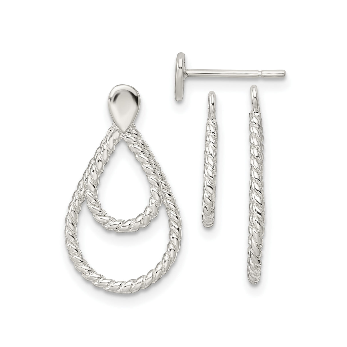 Sterling Silver Dangle Earrings with Twisted Rope Design and Double Teardrop Shape