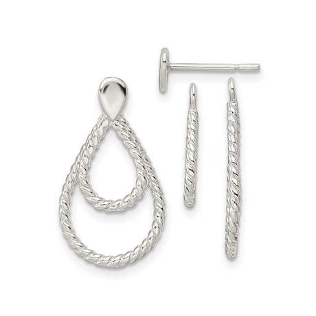 Sterling Silver Dangle Earrings with Twisted Rope Design and Double Teardrop Shape