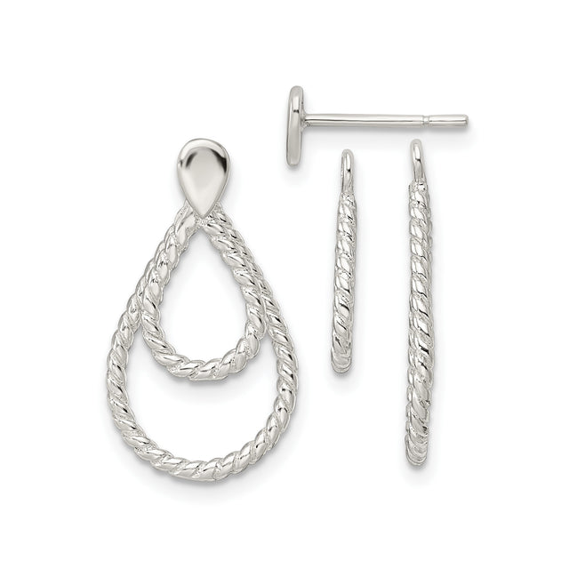 Sterling Silver Dangle Earrings with Twisted Rope Design and Double Teardrop Shape
