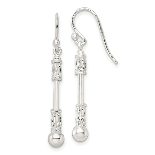 Sterling Silver Dangle Earrings with Elongated Bar and Floral Filigree Design