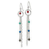 Sterling Silver Dangle Earrings with Glass Beads, Layered Chains, Boho Multicolor Design