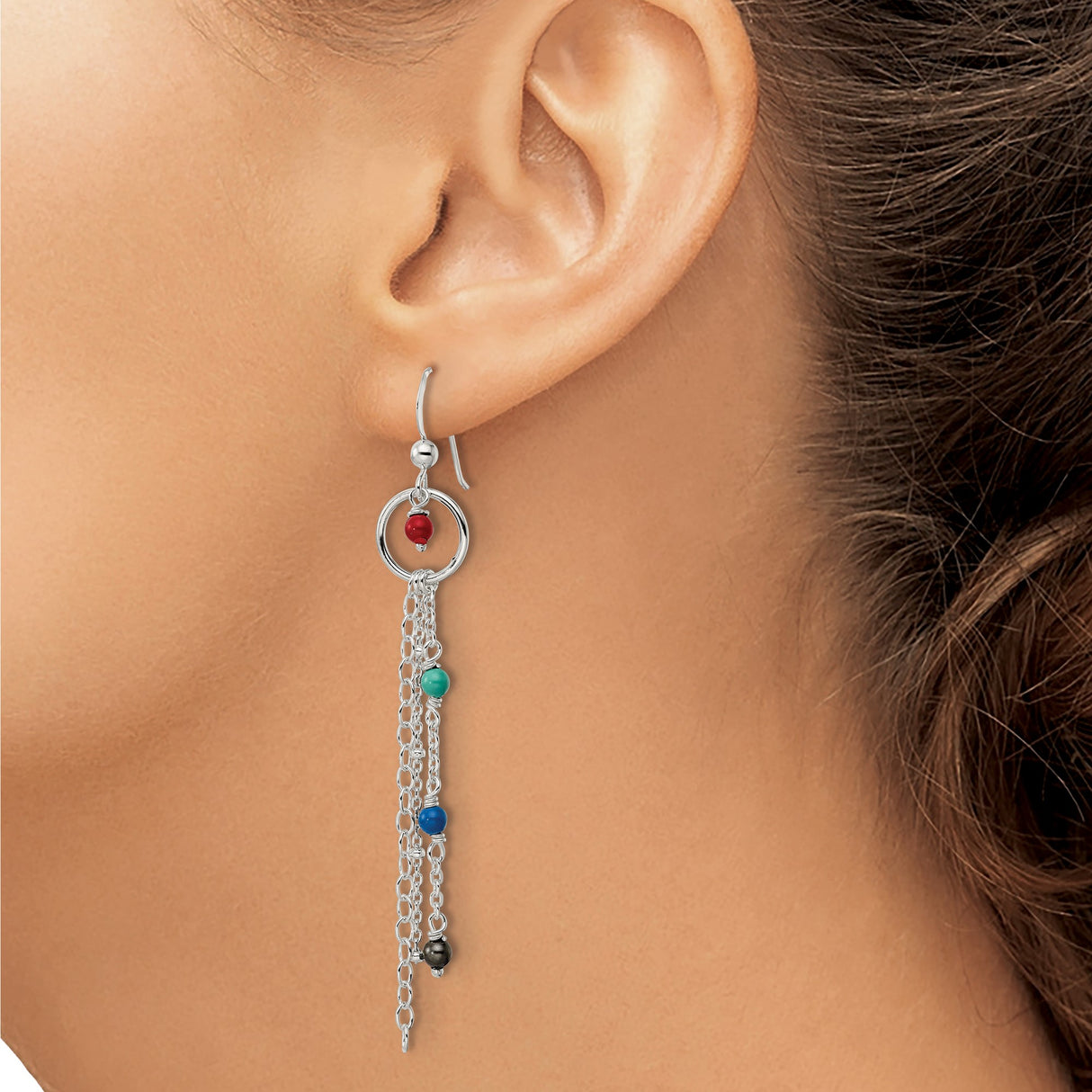 Sterling Silver Dangle Earrings with Glass Beads, Layered Chains, Boho Multicolor Design