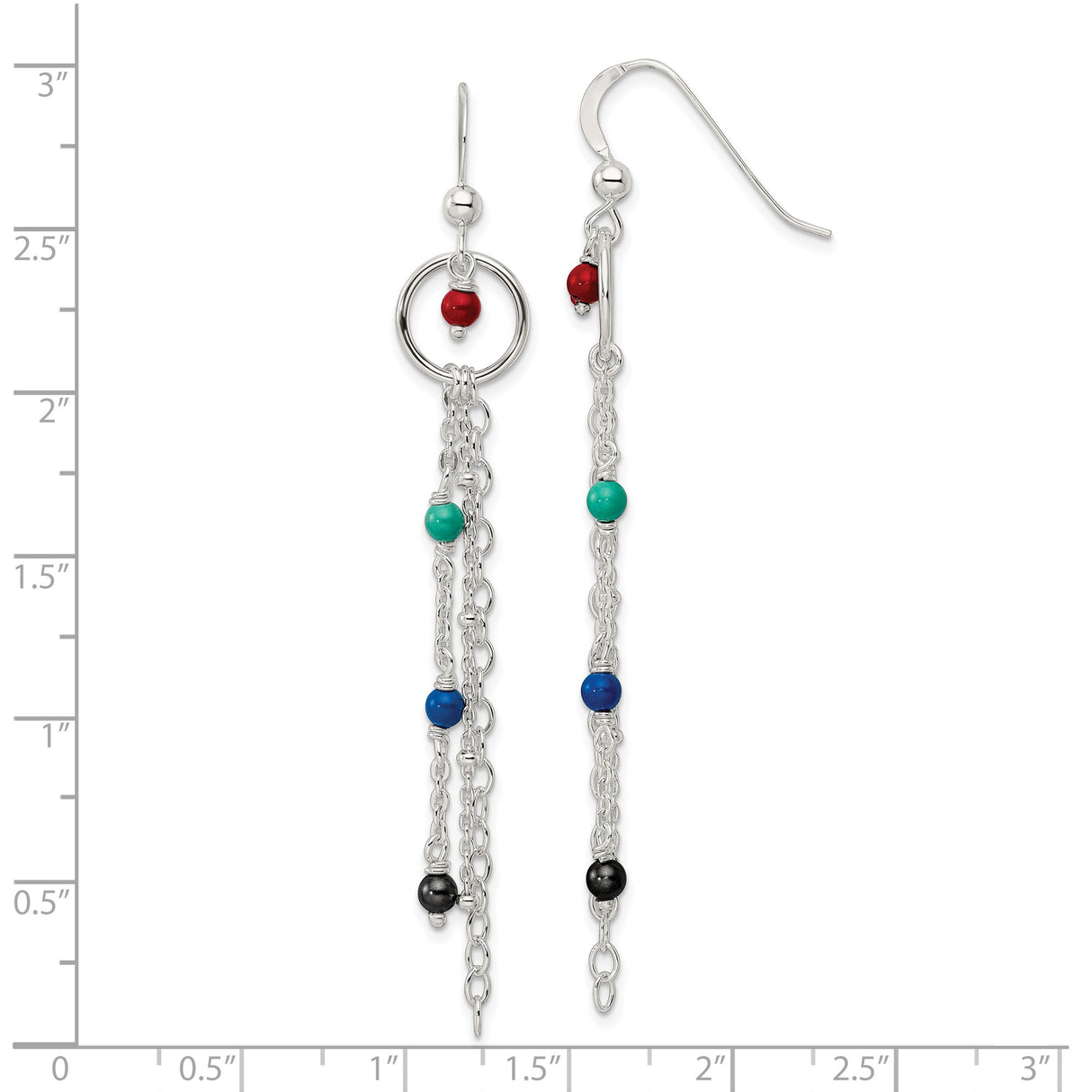 Sterling Silver Dangle Earrings with Glass Beads, Layered Chains, Boho Multicolor Design