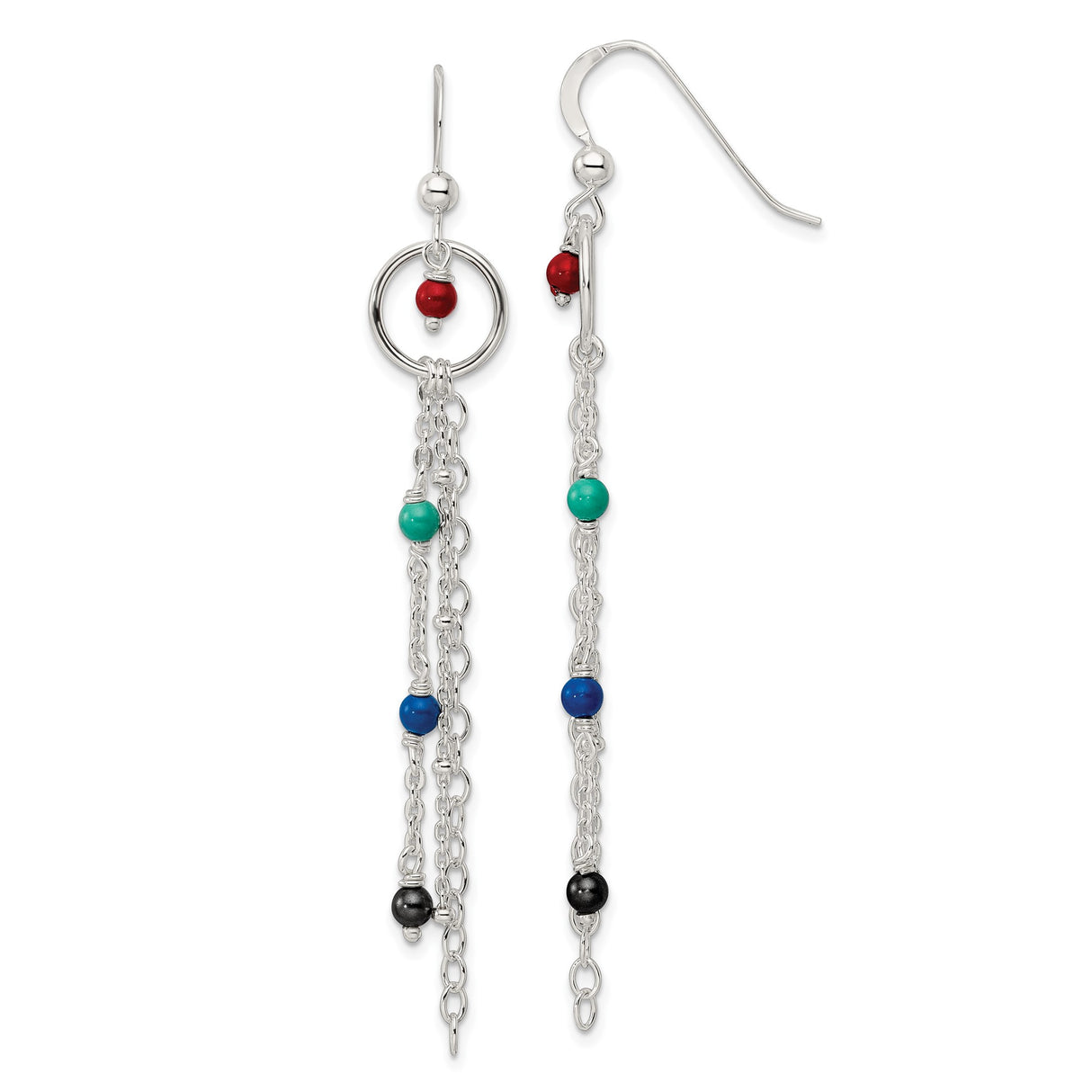Sterling Silver Dangle Earrings with Glass Beads, Layered Chains, Boho Multicolor Design