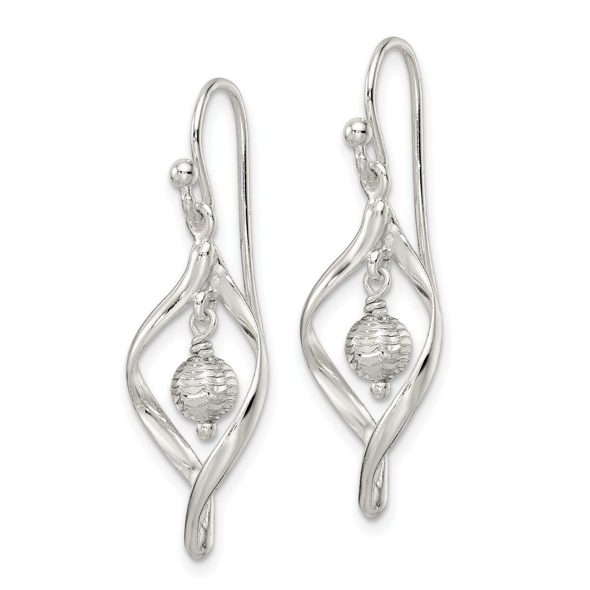 Sterling Silver Dangle Earrings with Open Marquise Twist and Textured Bead Drop Design
