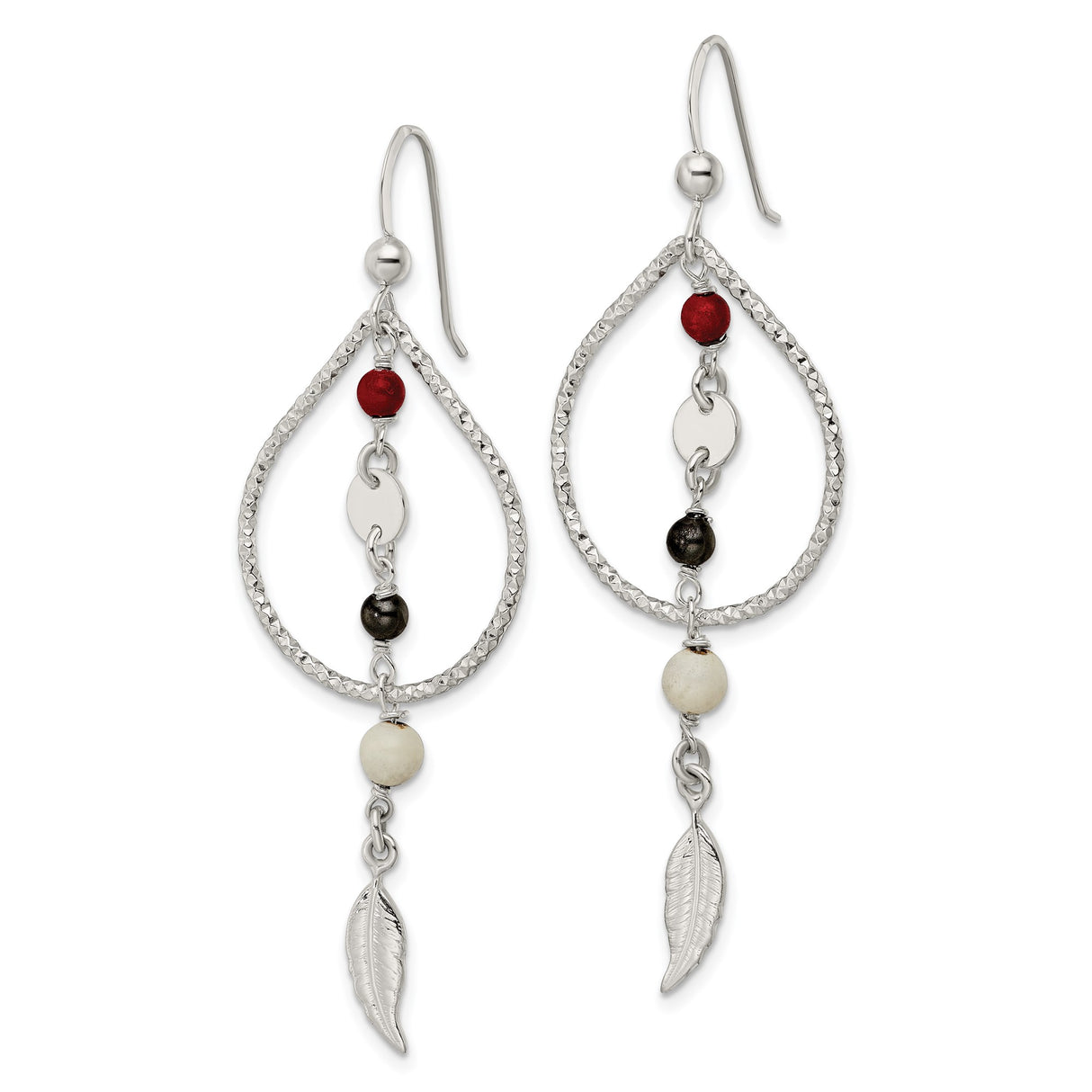 Sterling Silver Feather Dangle Earrings with Coral Beads, Boho Tribal Style