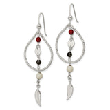 Sterling Silver Feather Dangle Earrings with Coral Beads, Boho Tribal Style
