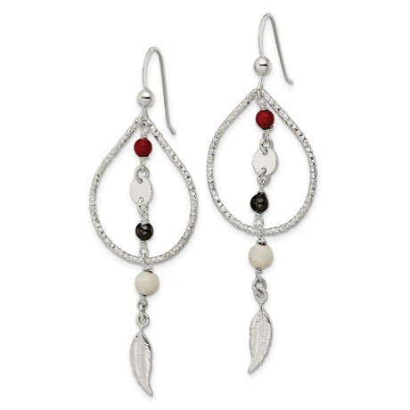 Sterling Silver Feather Dangle Earrings with Coral Beads, Boho Tribal Style