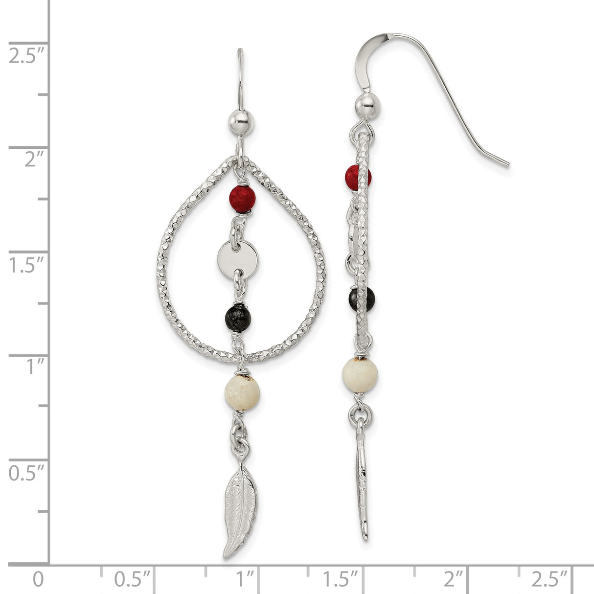Sterling Silver Feather Dangle Earrings with Coral Beads, Boho Tribal Style