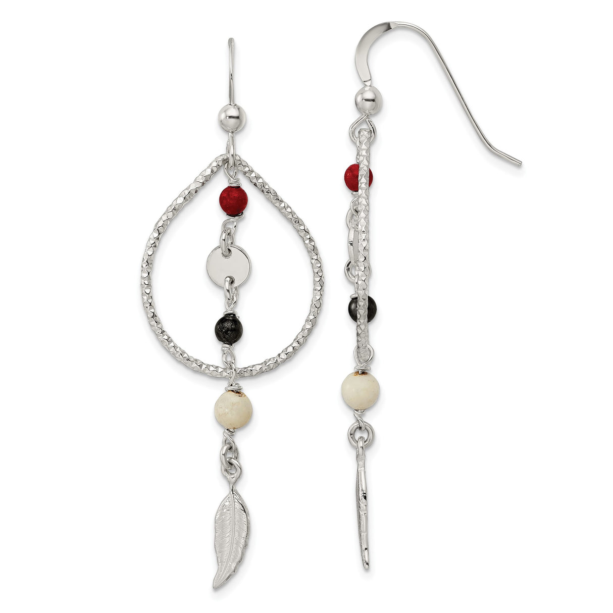 Sterling Silver Feather Dangle Earrings with Coral Beads, Boho Tribal Style