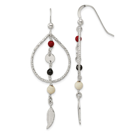 Sterling Silver Feather Dangle Earrings with Coral Beads, Boho Tribal Style