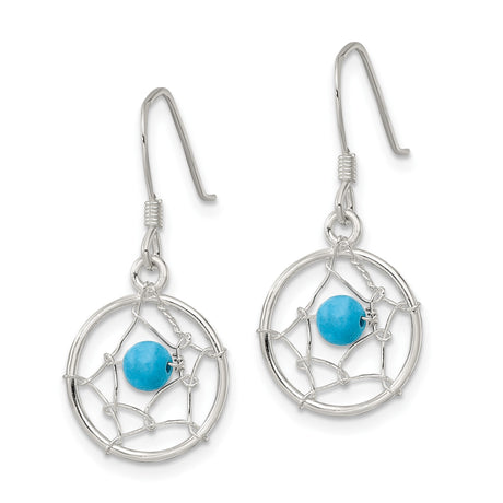 Sterling Silver Dreamcatcher Dangle Earrings with Turquoise Bead, Boho Tribal Style