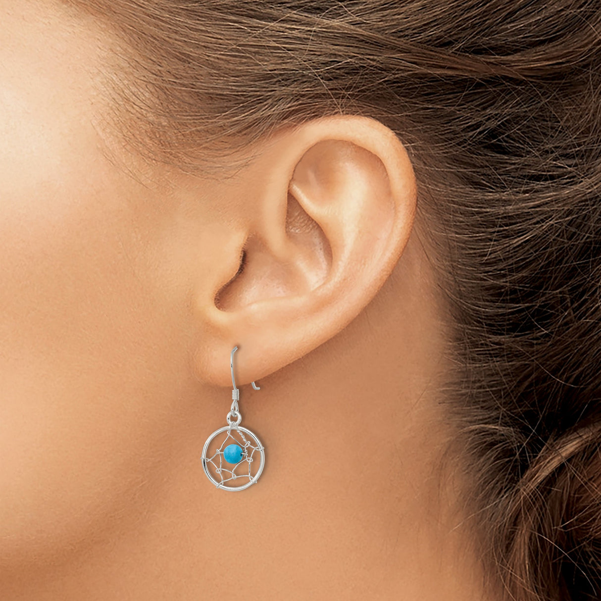 Sterling Silver Dreamcatcher Dangle Earrings with Turquoise Bead, Boho Tribal Style
