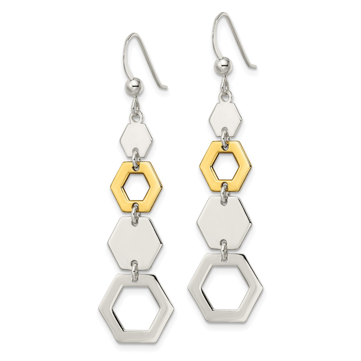Sterling Silver Dangle Earrings with Hexagon Design and Gold Plated Accent