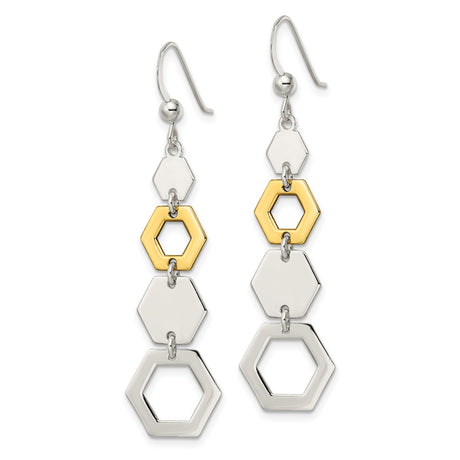 Sterling Silver Dangle Earrings with Hexagon Design and Gold Plated Accent