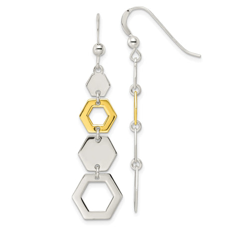 Sterling Silver Dangle Earrings with Hexagon Design and Gold Plated Accent