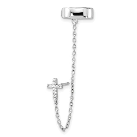 Sterling Silver Cross Pendant and Cuff Earring Set with Cubic Zirconia, Chain Drop Design, Unisex Style