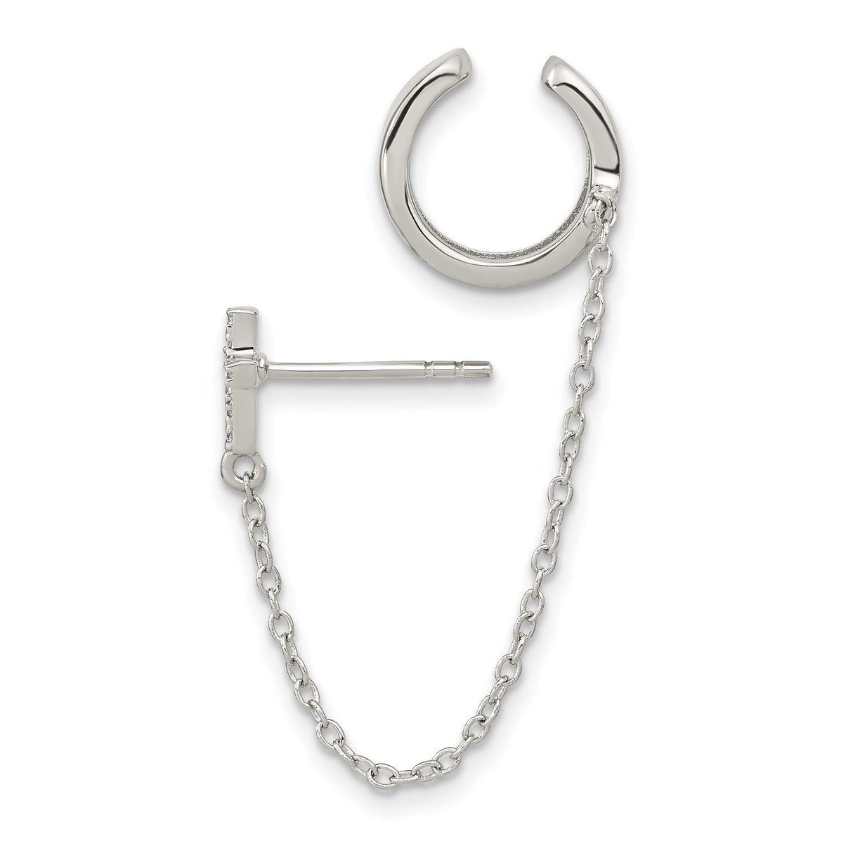 Sterling Silver Cross Pendant and Cuff Earring Set with Cubic Zirconia, Chain Drop Design, Unisex Style