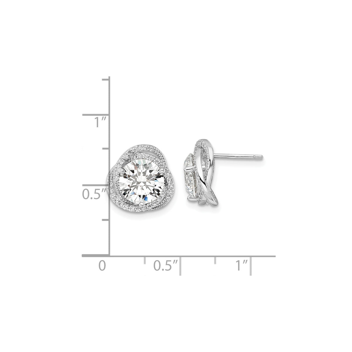 Sterling Silver Stud Earrings with Large Round Cubic Zirconia, Twisted Loop and Halo Design