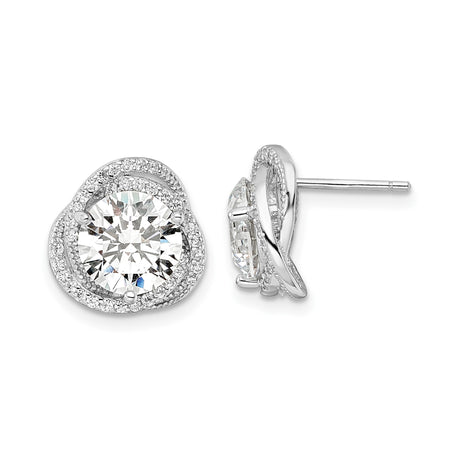 Sterling Silver Stud Earrings with Large Round Cubic Zirconia, Twisted Loop and Halo Design