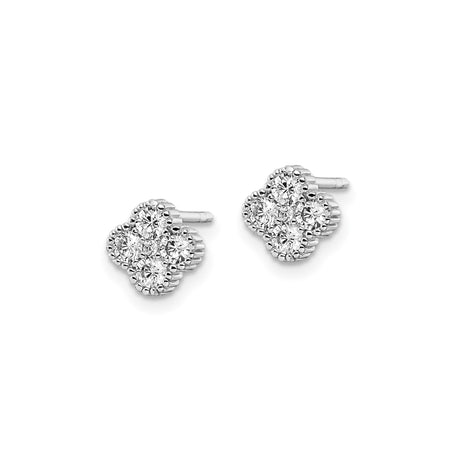 Sterling Silver Stud Earrings with Cubic Zirconia, Four Petal Clover Floral Design