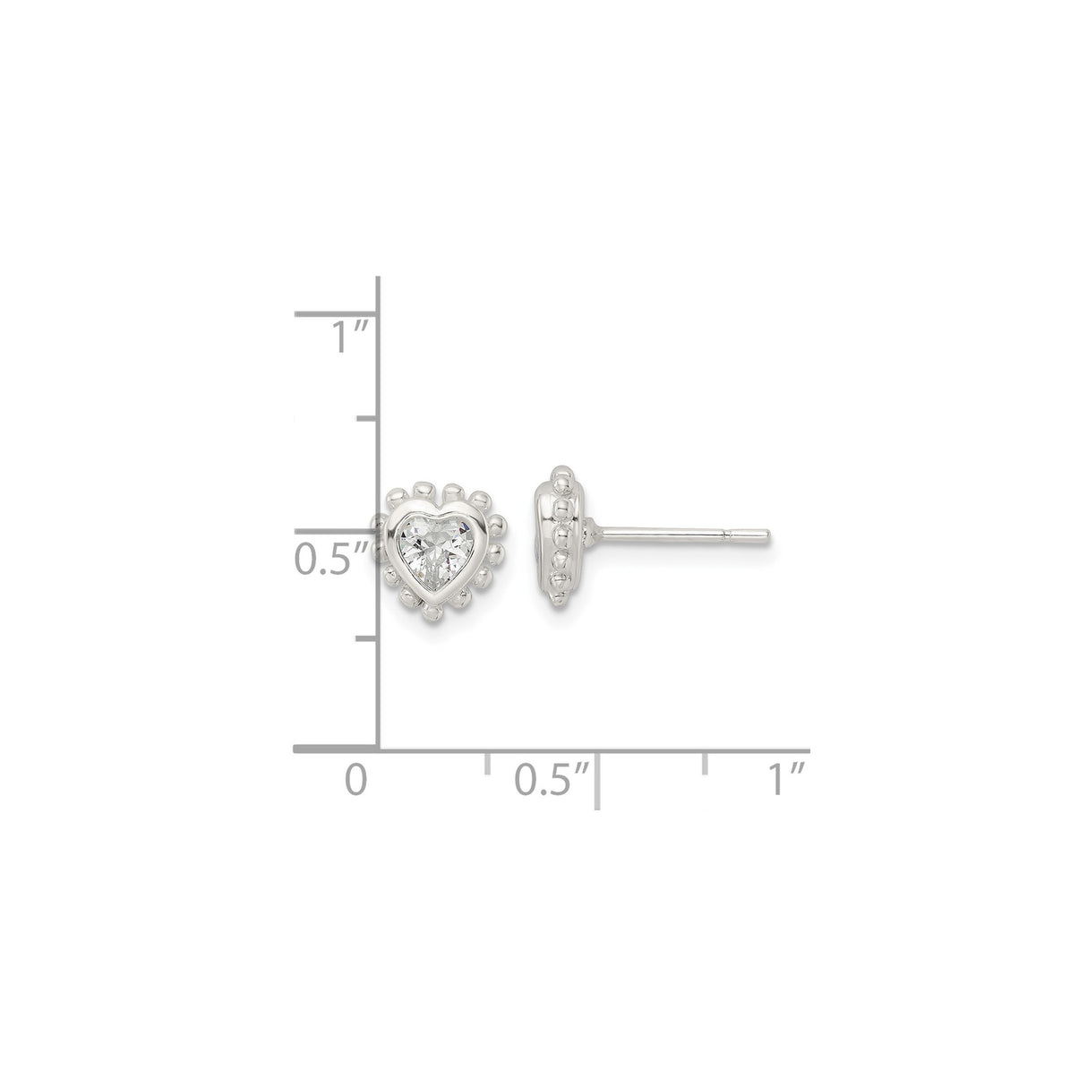 Sterling Silver Heart Stud Earrings with Cubic Zirconia and Beaded Border
