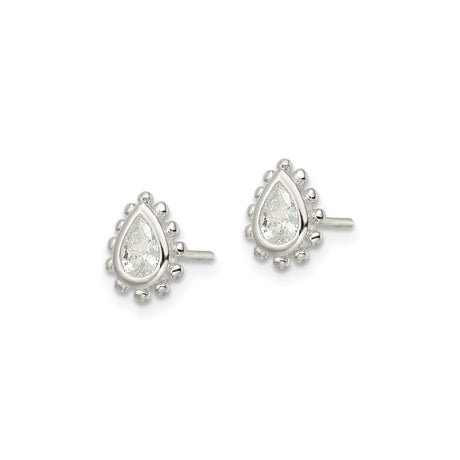 Sterling Silver Teardrop Stud Earrings Beaded Pear Cut Stone