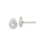 Sterling Silver Teardrop Stud Earrings for Women with Clear Pear Cut Center Stone, Polished Beaded Edge, Lightweight Design, Classic Everyday Style, Elegant Jewelry for Daily or Formal Wear
