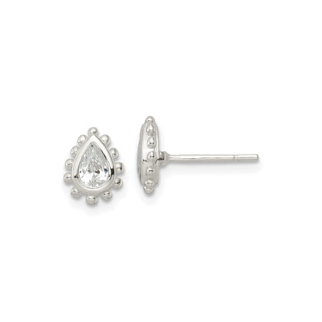 Sterling Silver Teardrop Stud Earrings for Women with Clear Pear Cut Center Stone, Polished Beaded Edge, Lightweight Design, Classic Everyday Style, Elegant Jewelry for Daily or Formal Wear