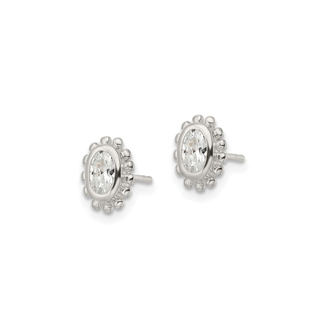 Sterling Silver Oval Stud Earrings with Cubic Zirconia and Beaded Halo Design