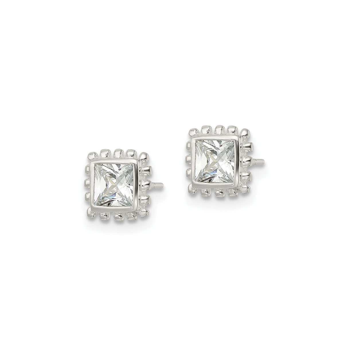 Sterling Silver Square Stud Earrings with Princess Cut Cubic Zirconia, Beaded Edge Design