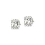 Sterling Silver Square Stud Earrings with Princess Cut Cubic Zirconia, Beaded Edge Design