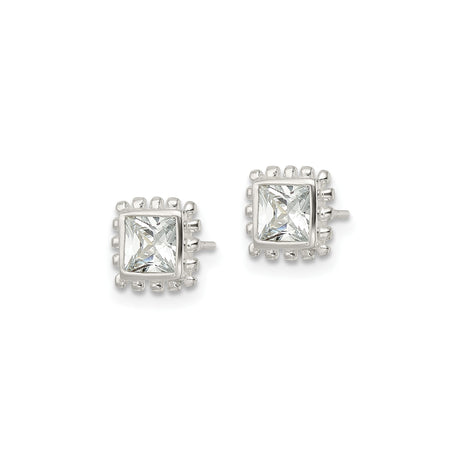 Sterling Silver Square Stud Earrings with Princess Cut Cubic Zirconia, Beaded Edge Design