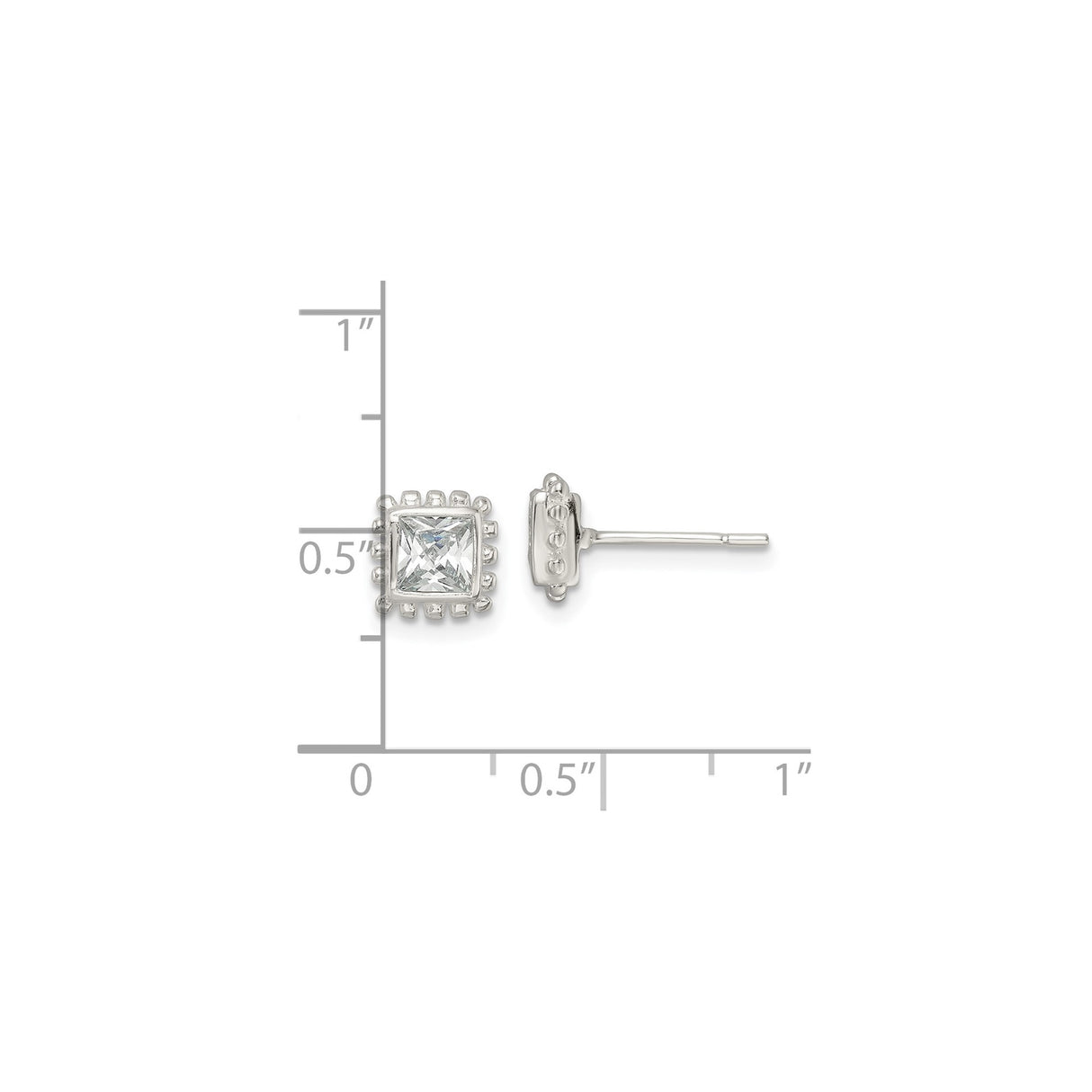 Sterling Silver Square Stud Earrings with Princess Cut Cubic Zirconia, Beaded Edge Design