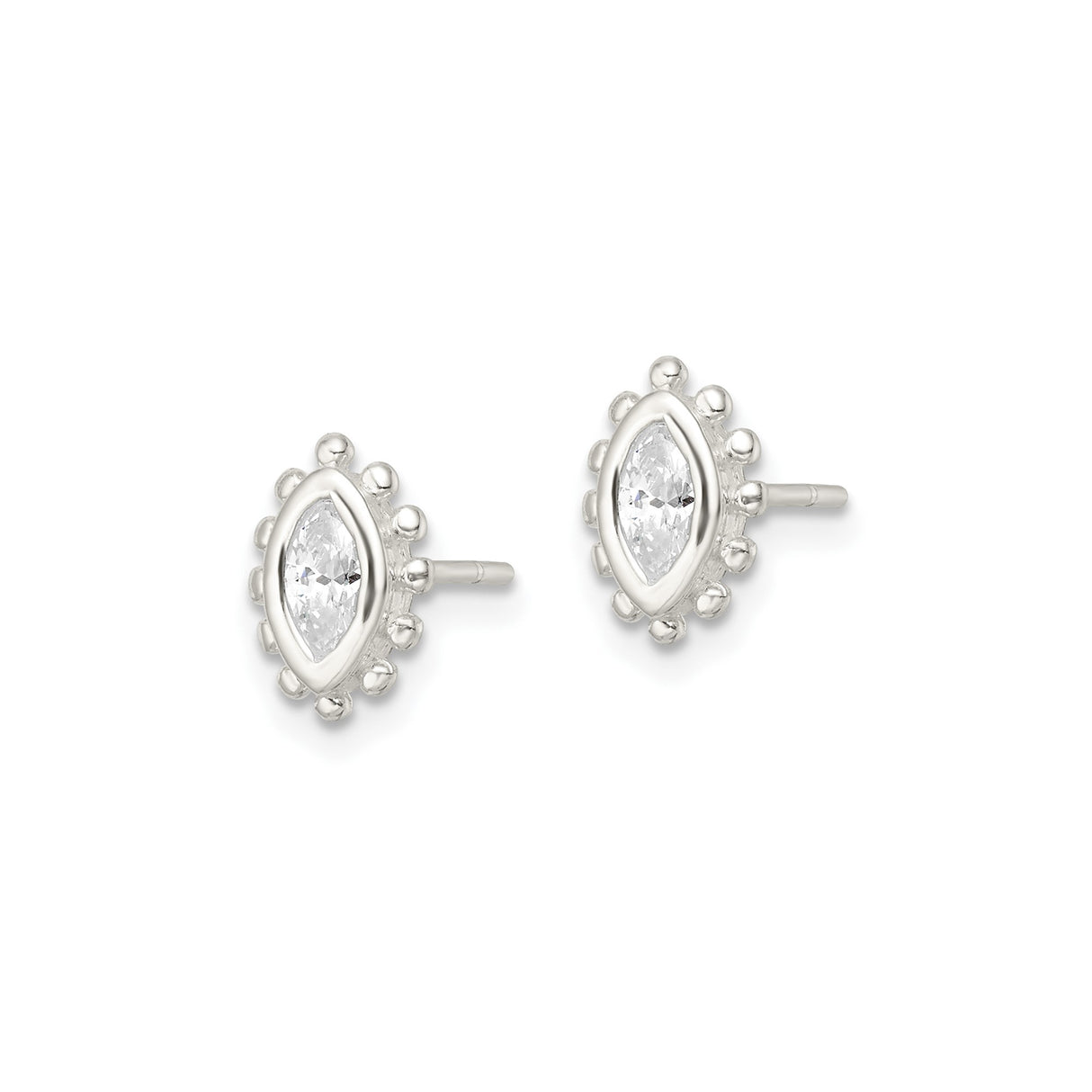 Sterling Silver Marquise Cut Stud Earrings with Cubic Zirconia and Beaded Edge