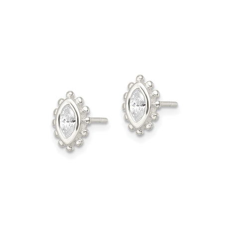 Sterling Silver Marquise Cut Stud Earrings with Cubic Zirconia and Beaded Edge