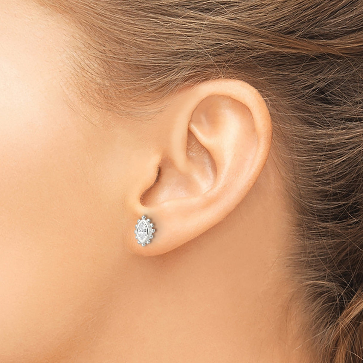 Sterling Silver Marquise Cut Stud Earrings with Cubic Zirconia and Beaded Edge