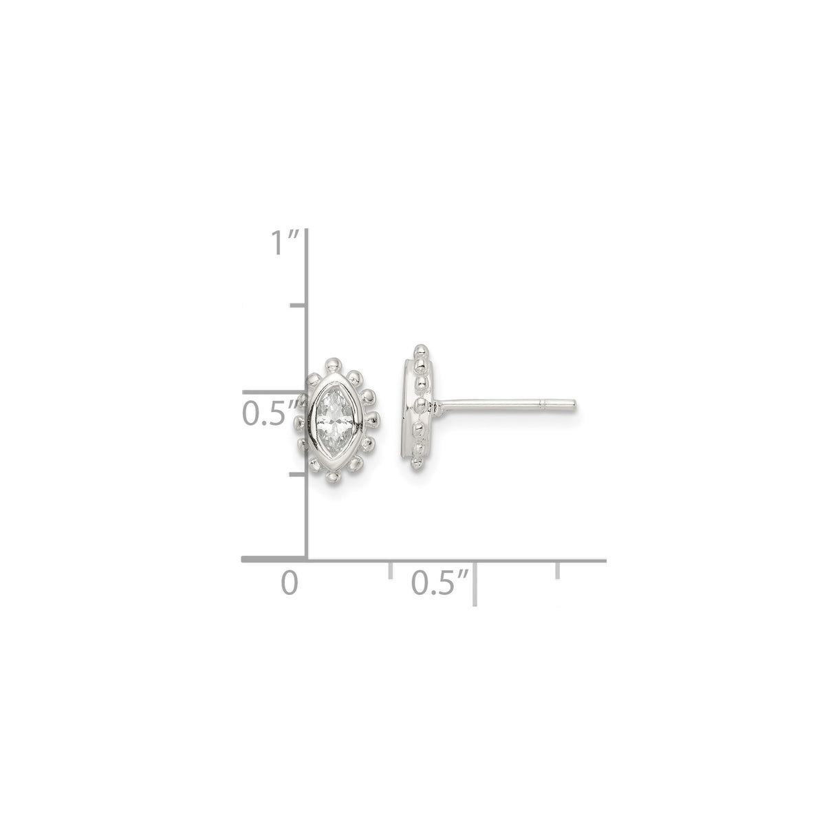 Sterling Silver Marquise Cut Stud Earrings with Cubic Zirconia and Beaded Edge