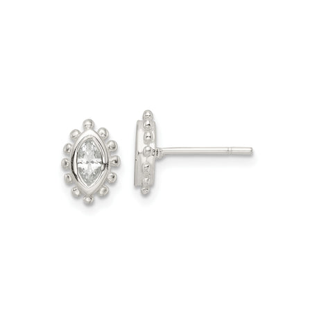Sterling Silver Marquise Cut Stud Earrings with Cubic Zirconia and Beaded Edge
