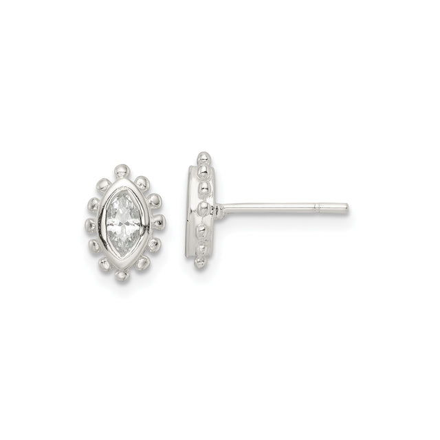 Sterling Silver Marquise Cut Stud Earrings with Cubic Zirconia and Beaded Edge