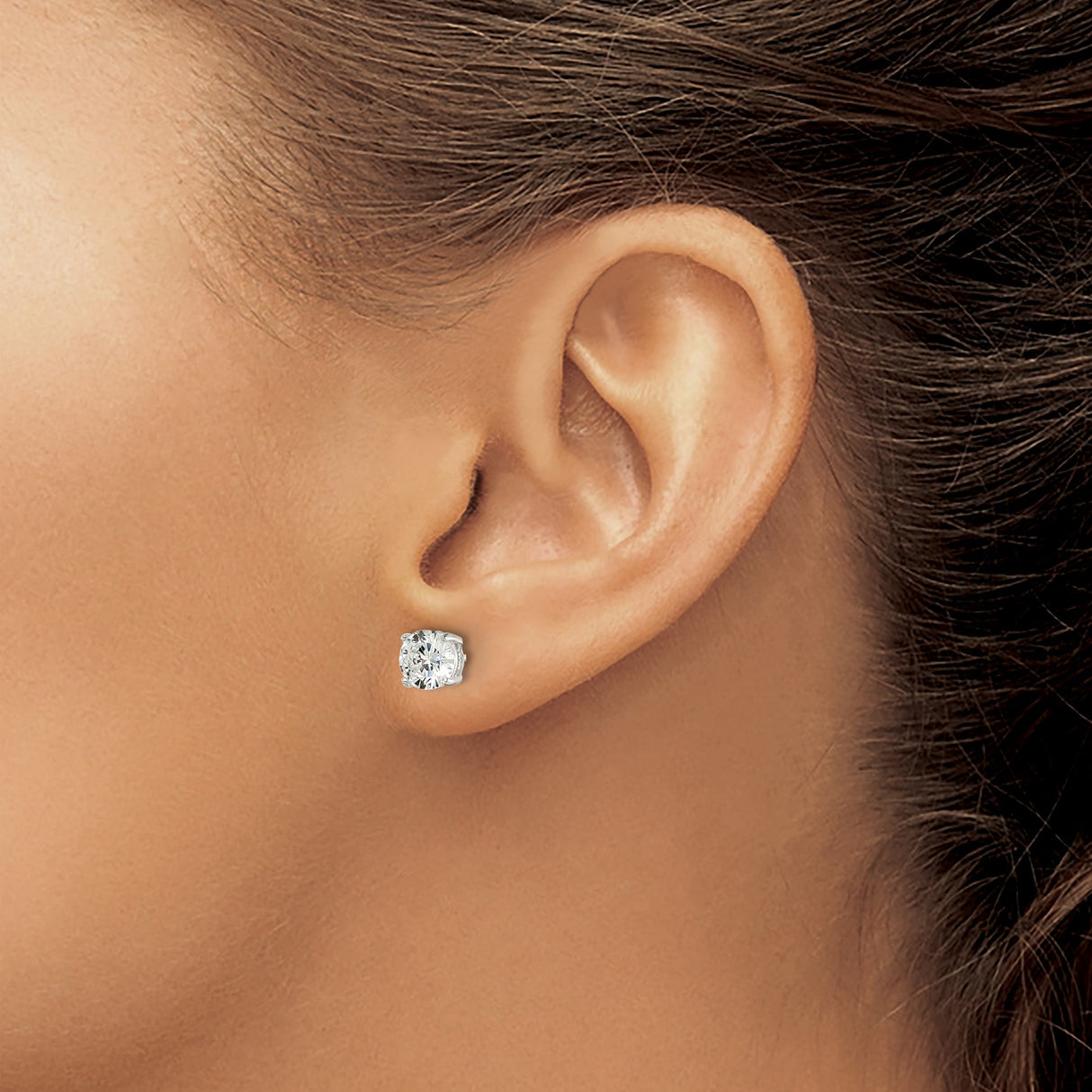 Sterling Silver Stud Earrings with Round Cut Cubic Zirconia, Four Prong Setting, Heart Detail