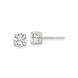 Sterling Silver Stud Earrings with Round Cubic Zirconia, Four Prong Setting, Heart Cutout Design