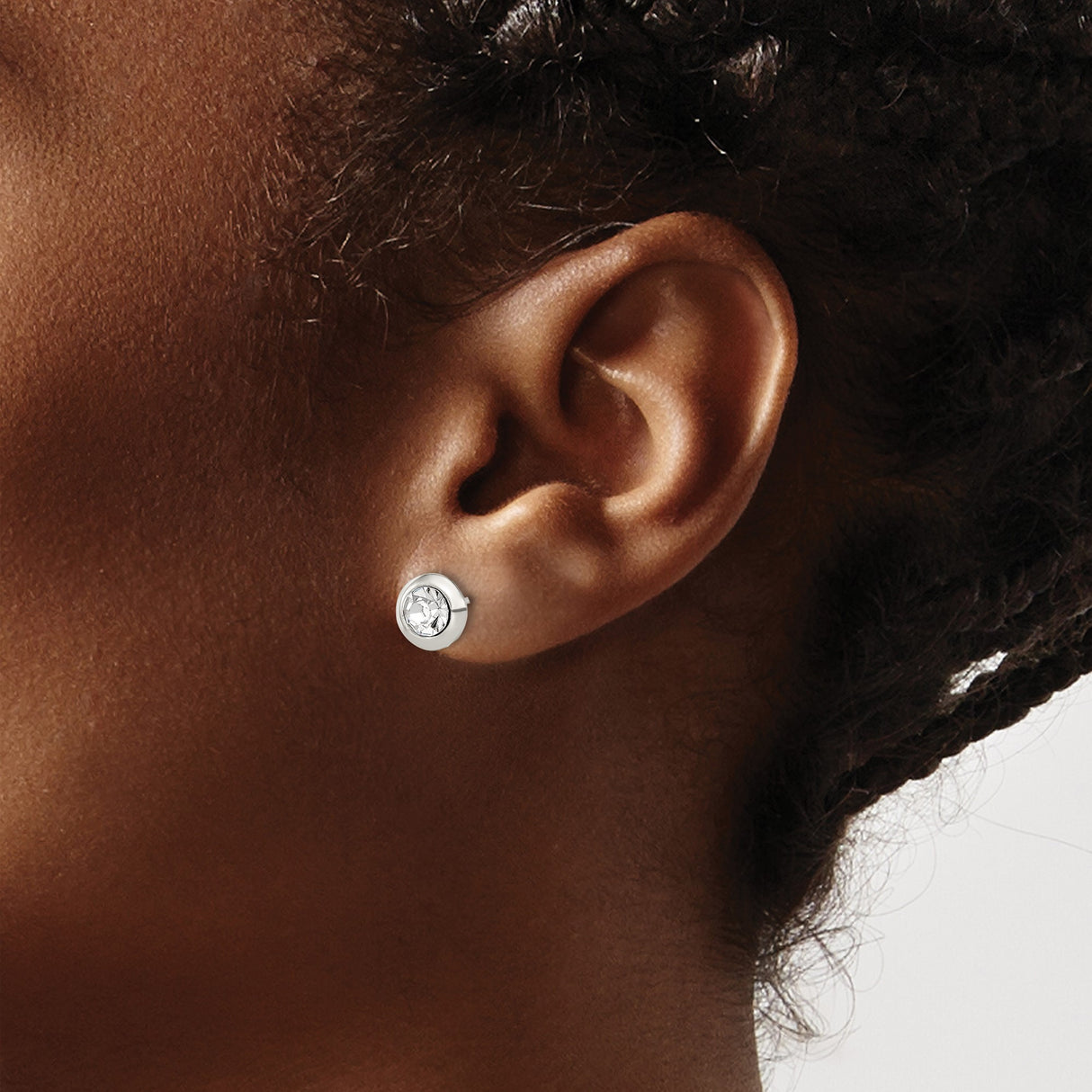 Sterling Silver Stud Earrings with Round Cubic Zirconia in Bezel Setting, Minimalist Design