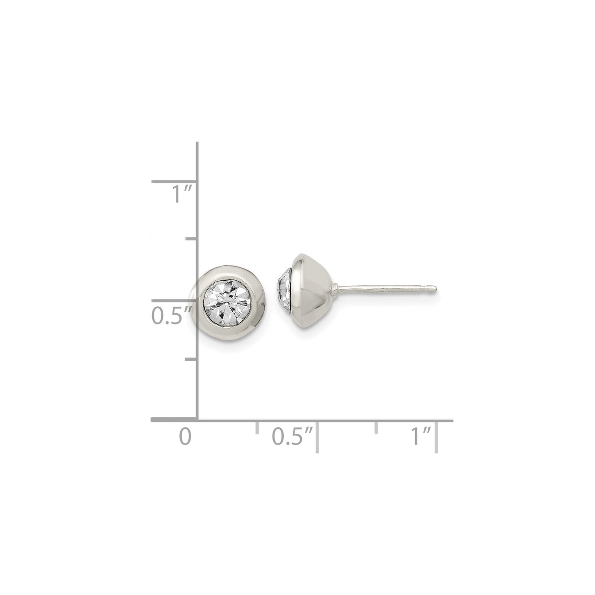 Sterling Silver Stud Earrings with Round Cubic Zirconia in Bezel Setting, Minimalist Design