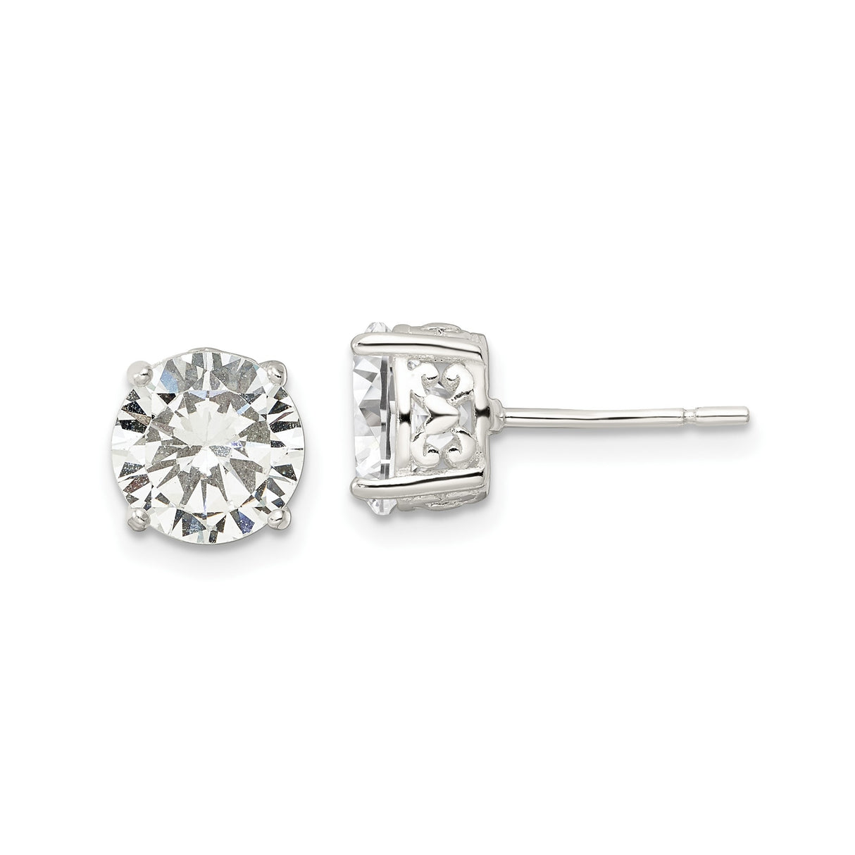 Sterling Silver Stud Earrings with Round Cut Clear Cubic Zirconia in Four Prong Setting, Heart Filigree Detail, Elegant Everyday Wear for Women, Classic Minimalist Fine Jewelry Design