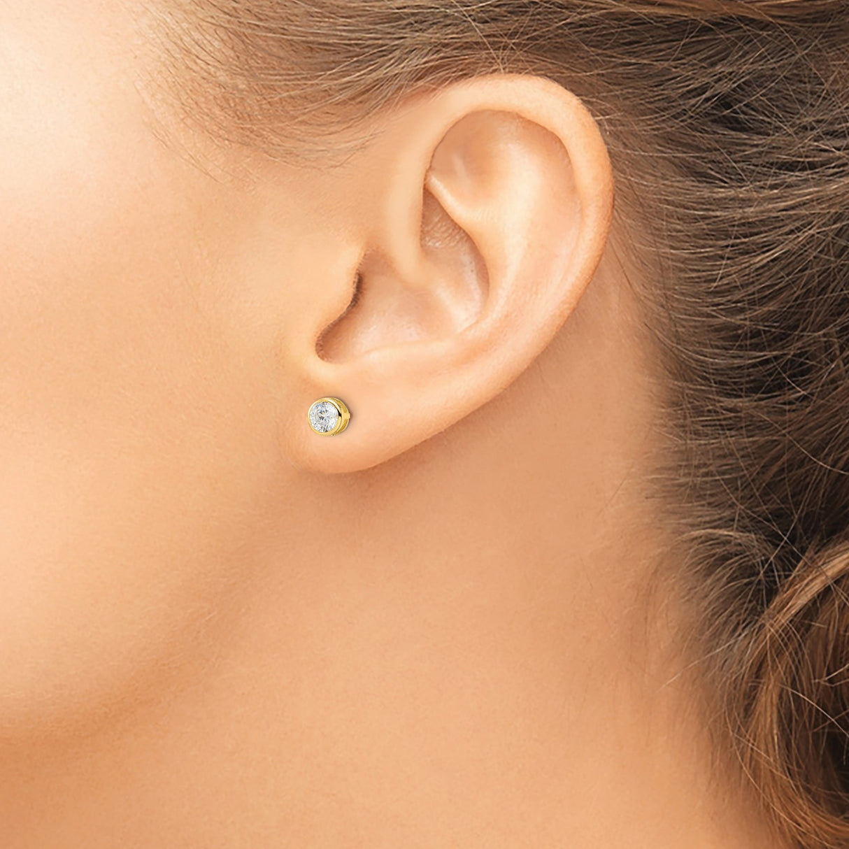 Sterling Silver Stud Earrings Clear Gem Yellow Gold Bezel