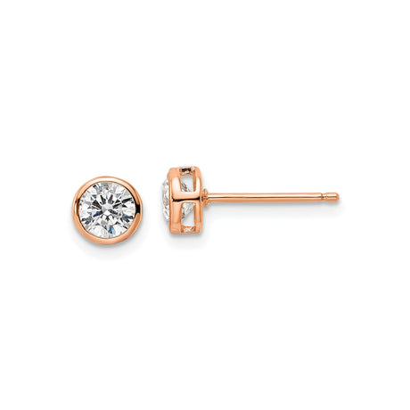 Sterling Silver Stud Earrings with Round Bezel Set Clear Gemstone in Rose Gold Tone Finish, Lightweight Dainty Jewelry for Women, Minimalist Everyday Elegant Small Fashion Earrings