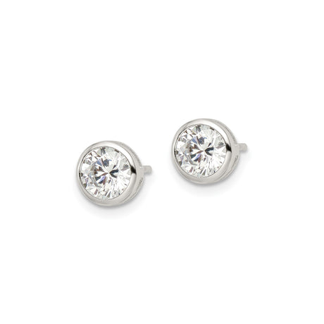 Sterling Silver Stud Earrings with Round Cut Cubic Zirconia in Bezel Setting, Minimalist Design