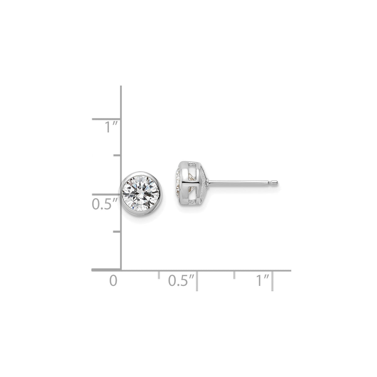 Sterling Silver Stud Earrings with Round Cut Cubic Zirconia in Bezel Setting, Minimalist Design