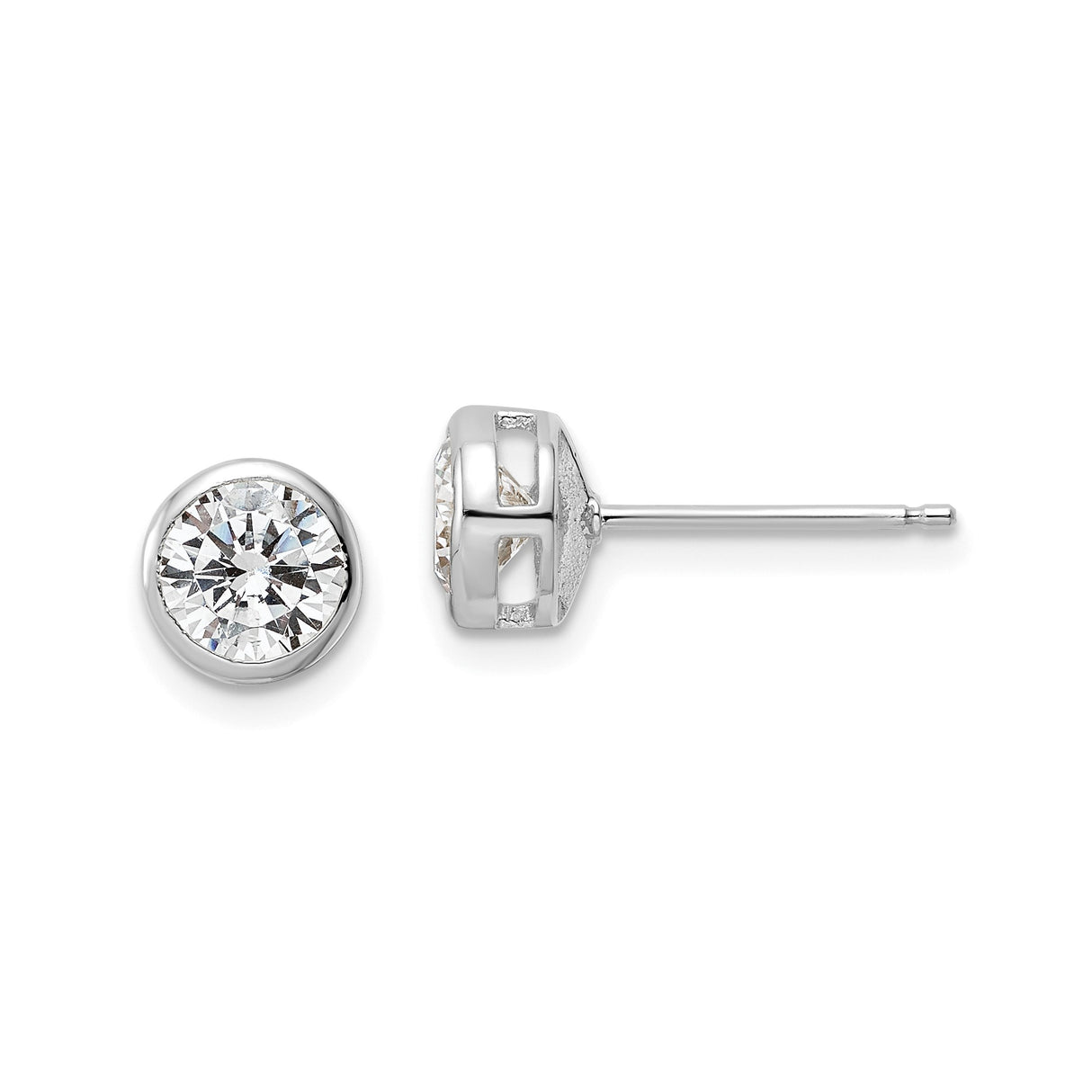 Sterling Silver Stud Earrings with Round Cut Cubic Zirconia in Bezel Setting, Minimalist Design